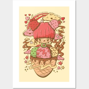 Cute strawberry and cherry ice cream bubble head cutie Posters and Art